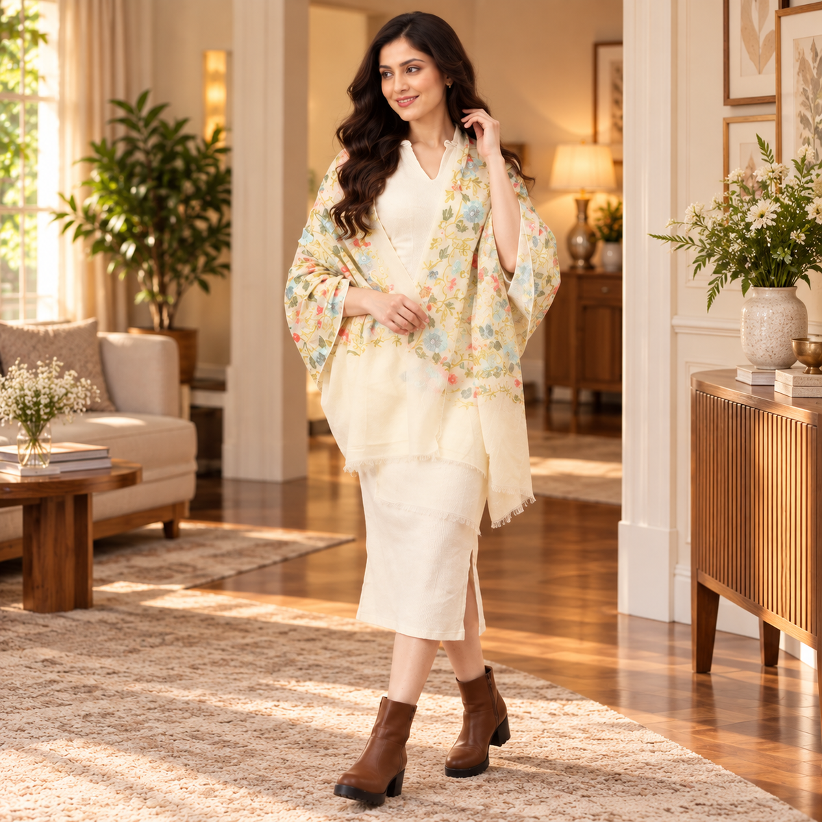Daisy Dance Fine Wool Embroidered Stole Off White
