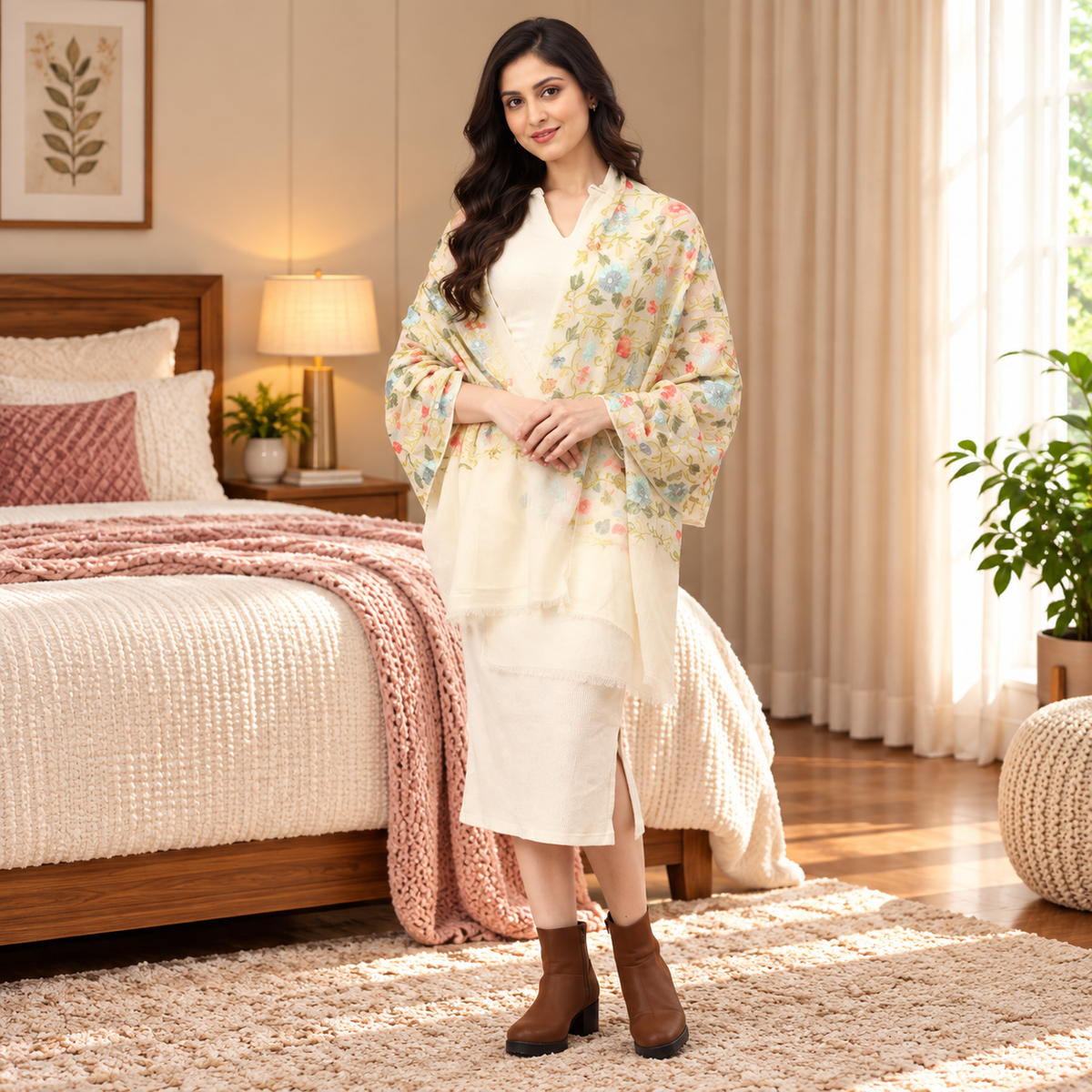 Daisy Dance Fine Wool Embroidered Stole Off White