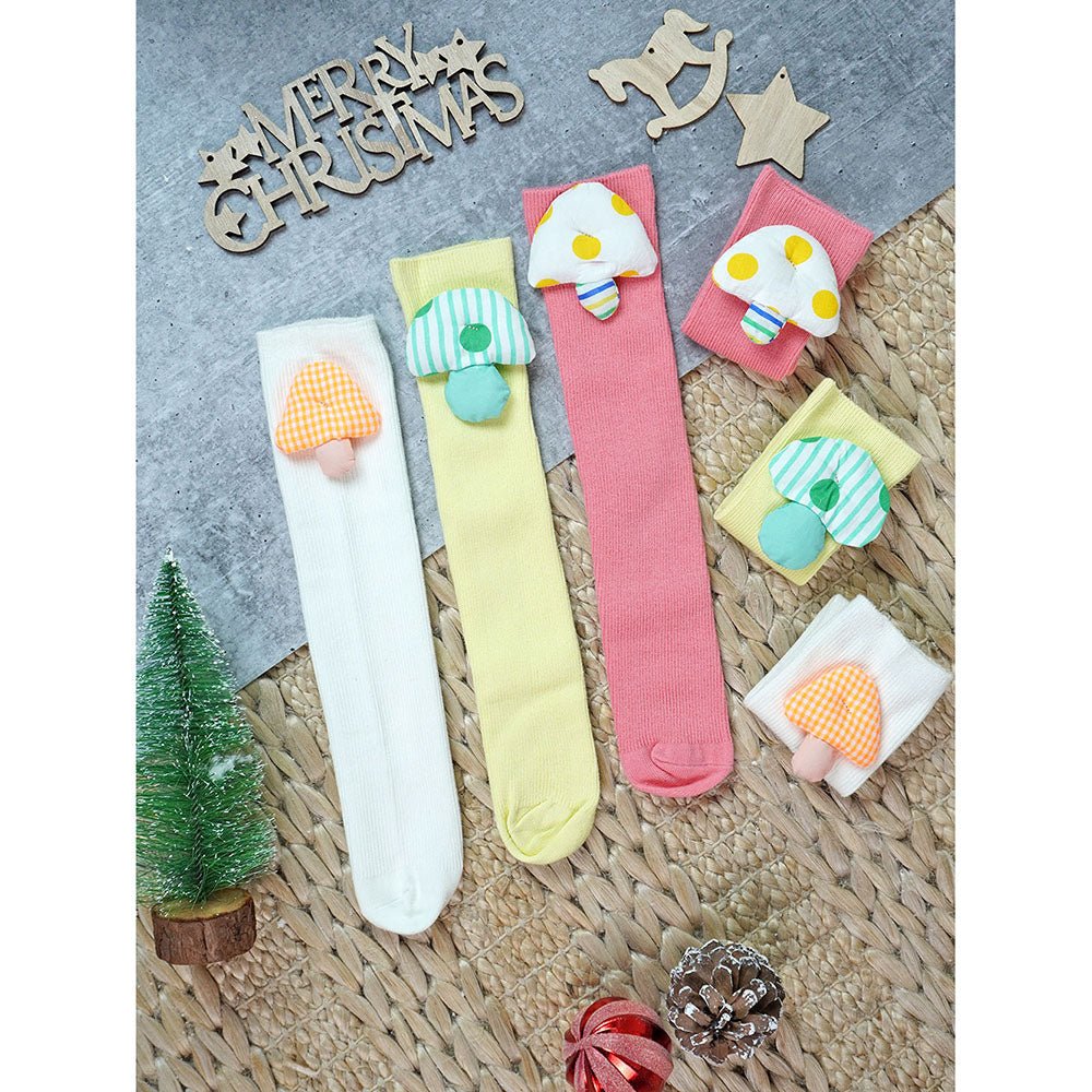 Little Surprise Box Pink Cream Yellow 3D Enchanted Mushrooms Socks Set