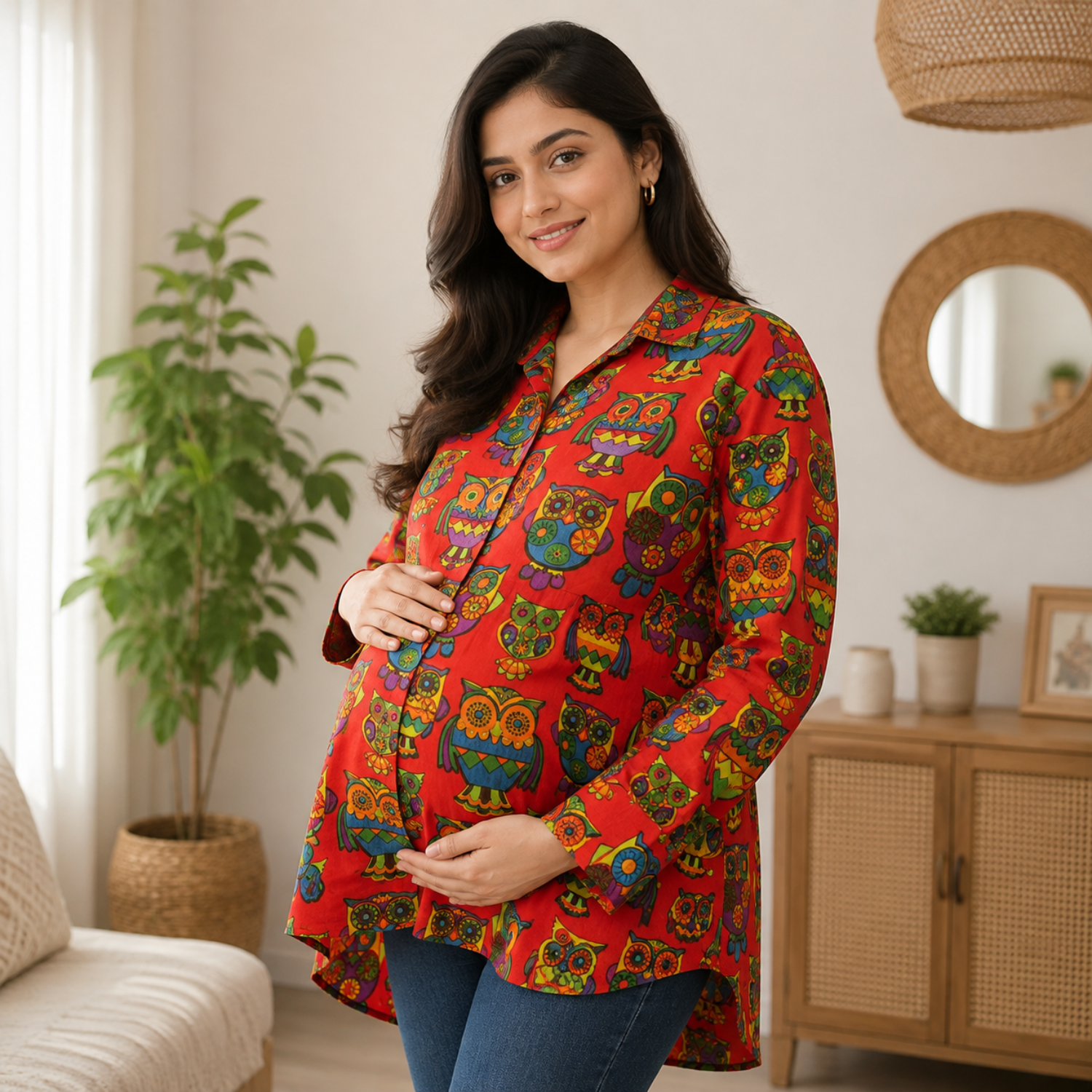 Owl You Need Maternity and Nursing Oversized Shirt Red