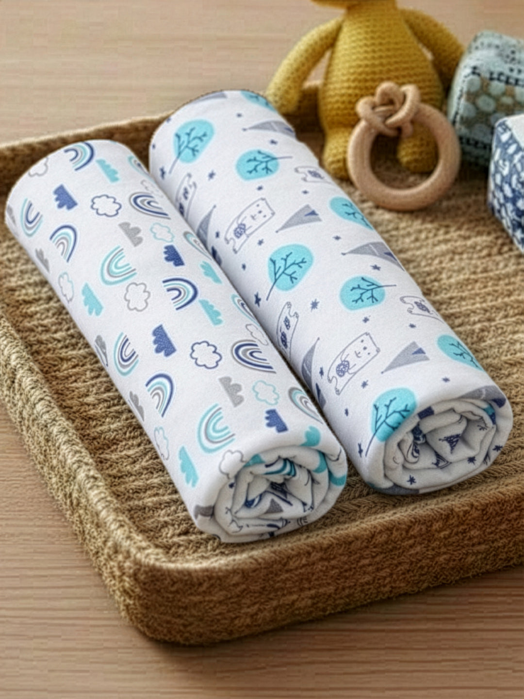 Happy Rainbow & Blue Forest 2 PC Cotton Muslin Swaddle Wrap