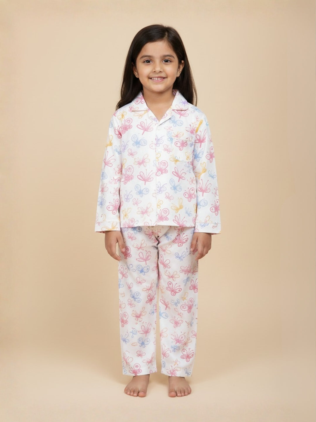 White Spring Wings Cotton Pajama Nightsuit Set For Kids