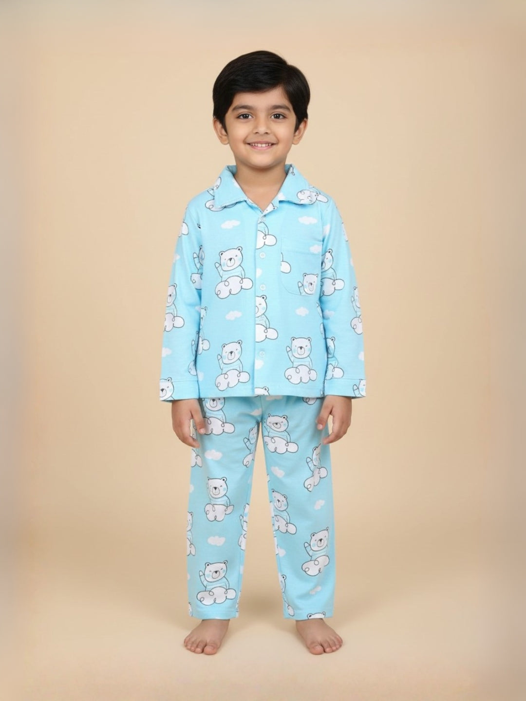 Light Blue Hello Bear Cotton Pajama Set For Kids
