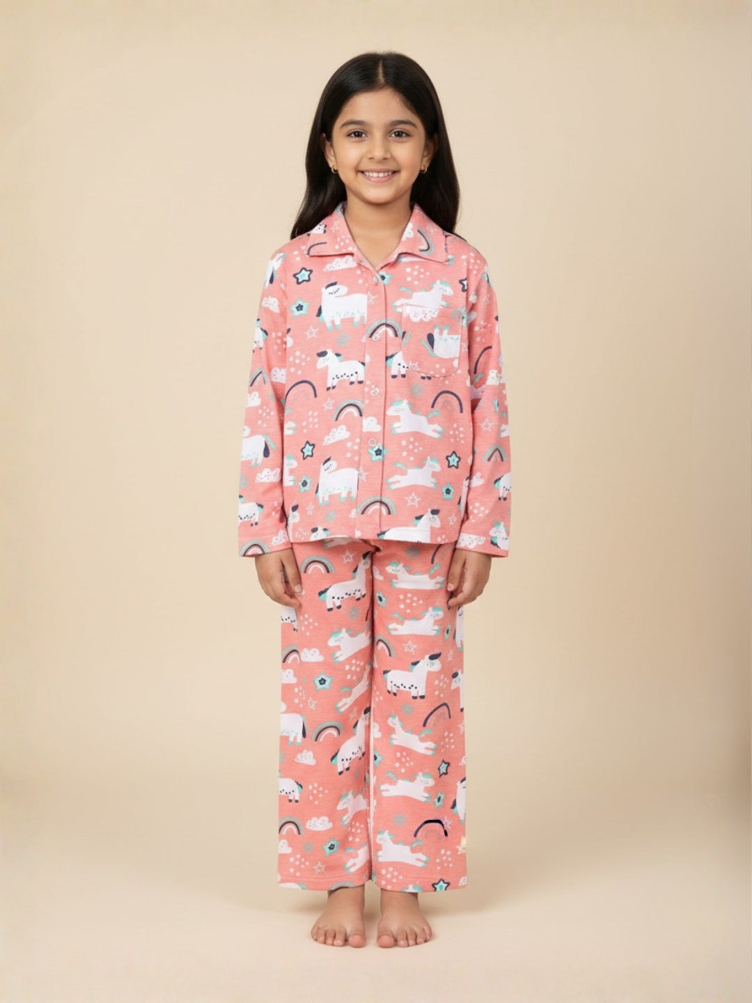 Peach Magical Unicorn Pajama Nightsuit Set For Kids