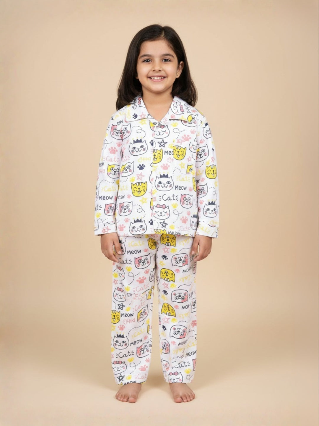 White Meow Printed Cotton Pajama Nightsuit Set For Kids