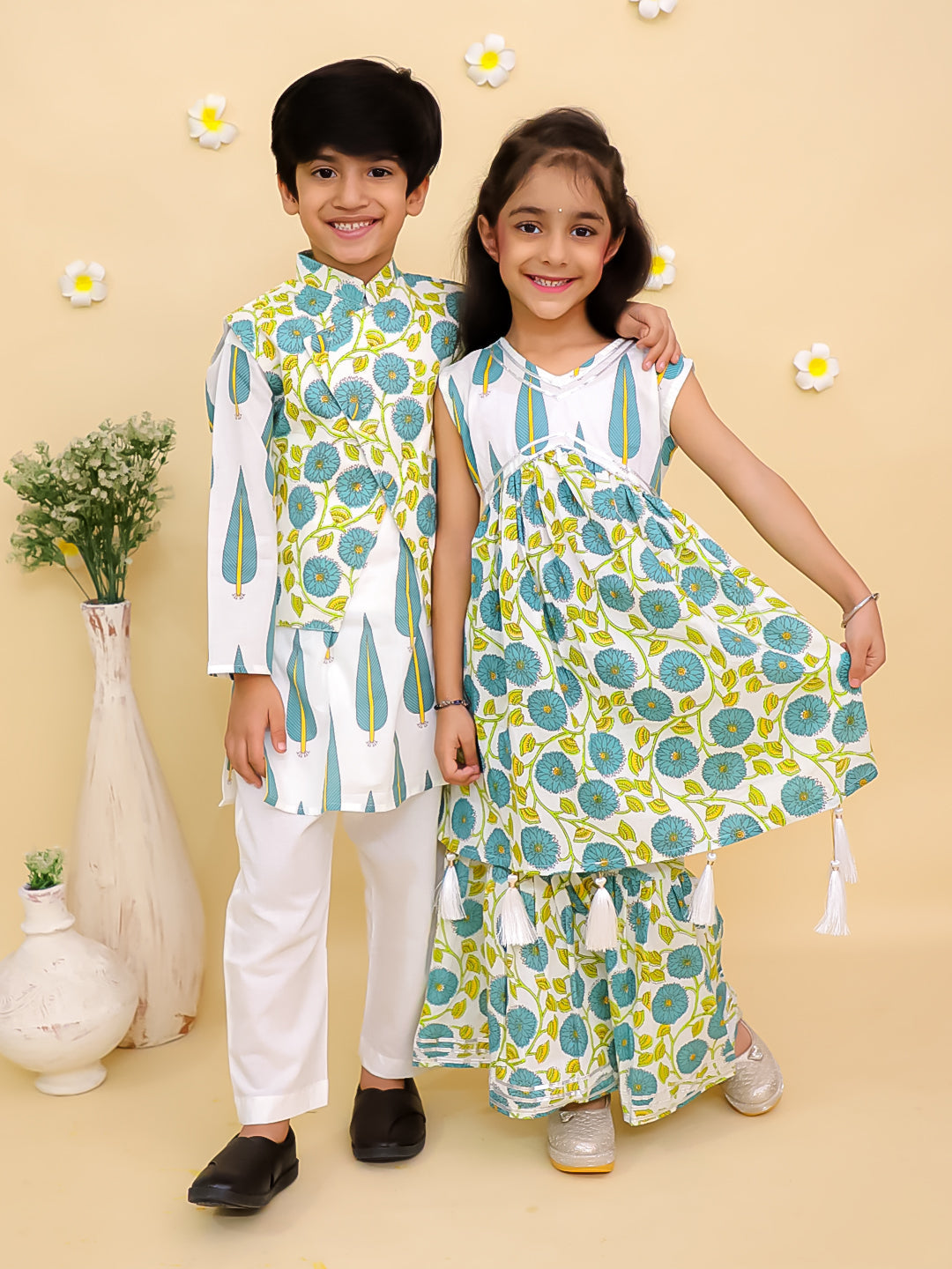 Emeraluxe Girls Anarkali Sharara And Boys Jacket Kurta Pajama Twinning Combo Of 2