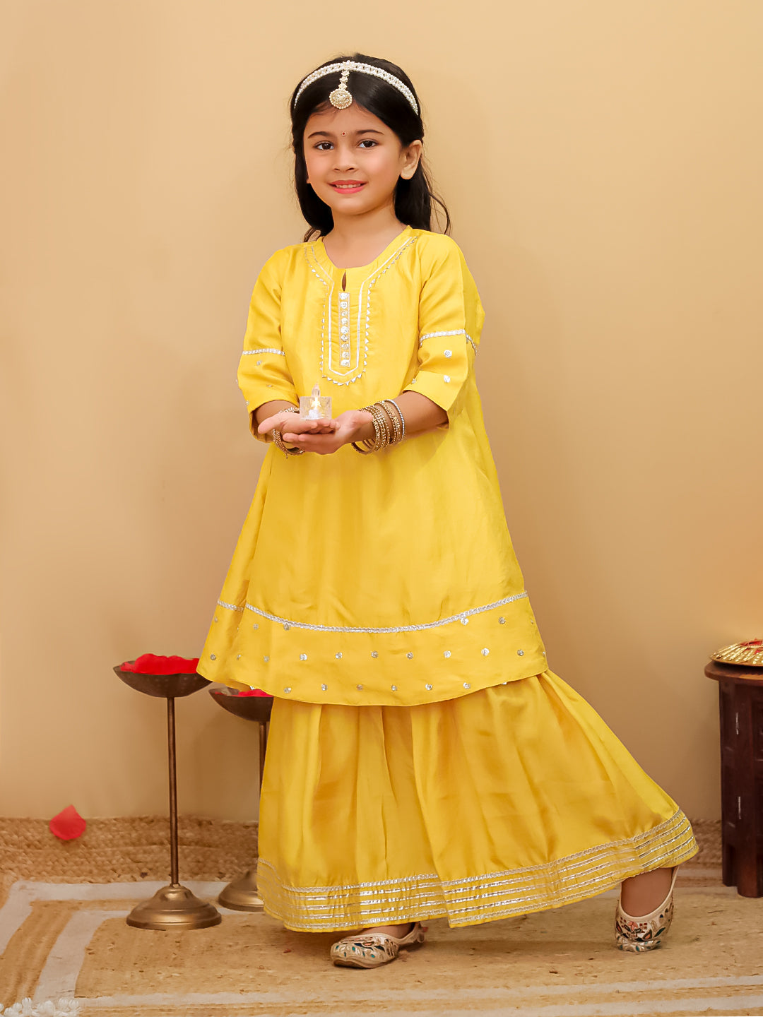 Golden Hour Yellow Girls Anarkali Sharara Set For Kids