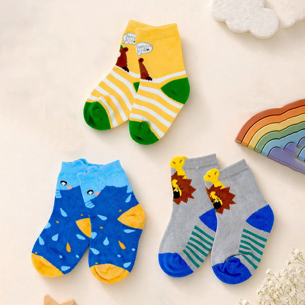 Little Surprise Box Yellow Blue Grey Stripes Socks Set For Kids