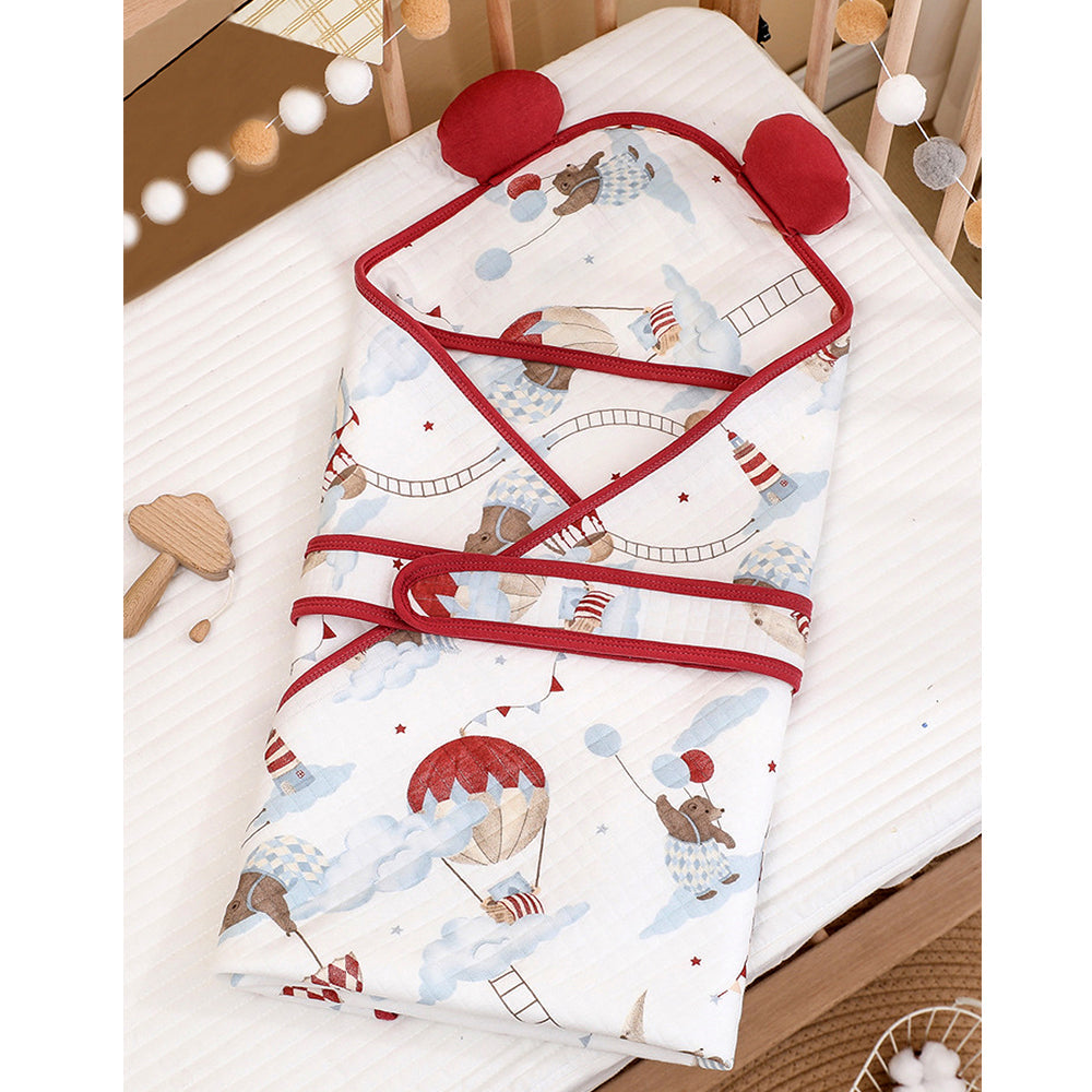 Red Hot Air Balloon 1 PC Kids Cotton Muslin Dohar With Hooded Print