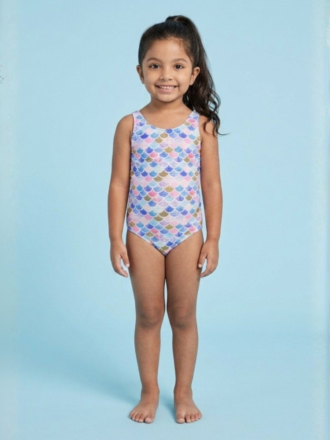 Mermaid Print Sleeveless Girls Swimsuit With Headband