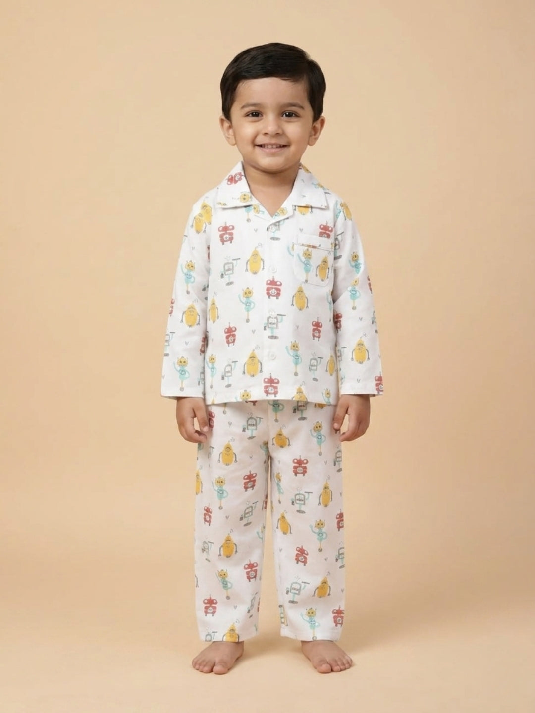 White Robo Club Pajama Nightsuit Set For Kids