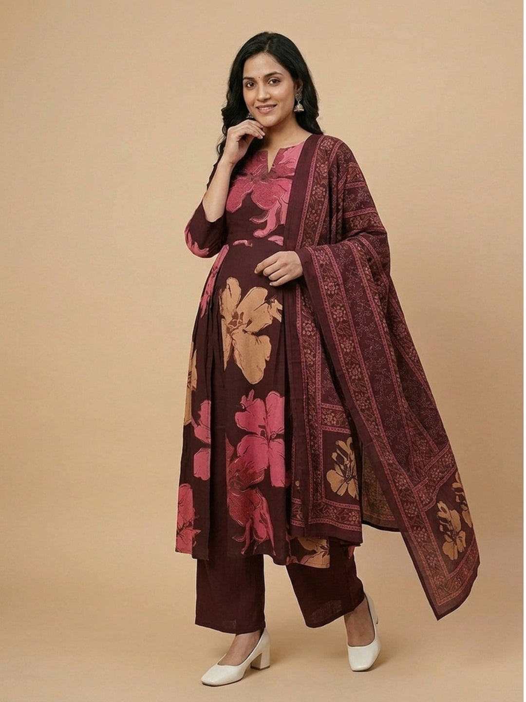 Royal Garnet Maternity and Nursing Kurta Set Maroon