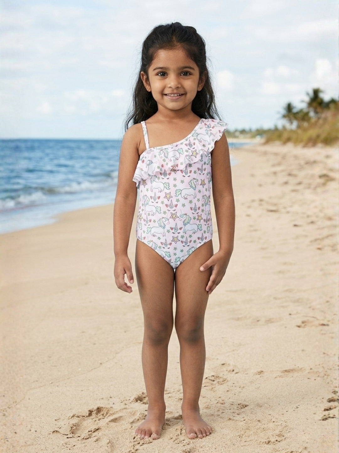 Starry Unicorn Dreams Girls Ruffle One Shoulder Swimsuit