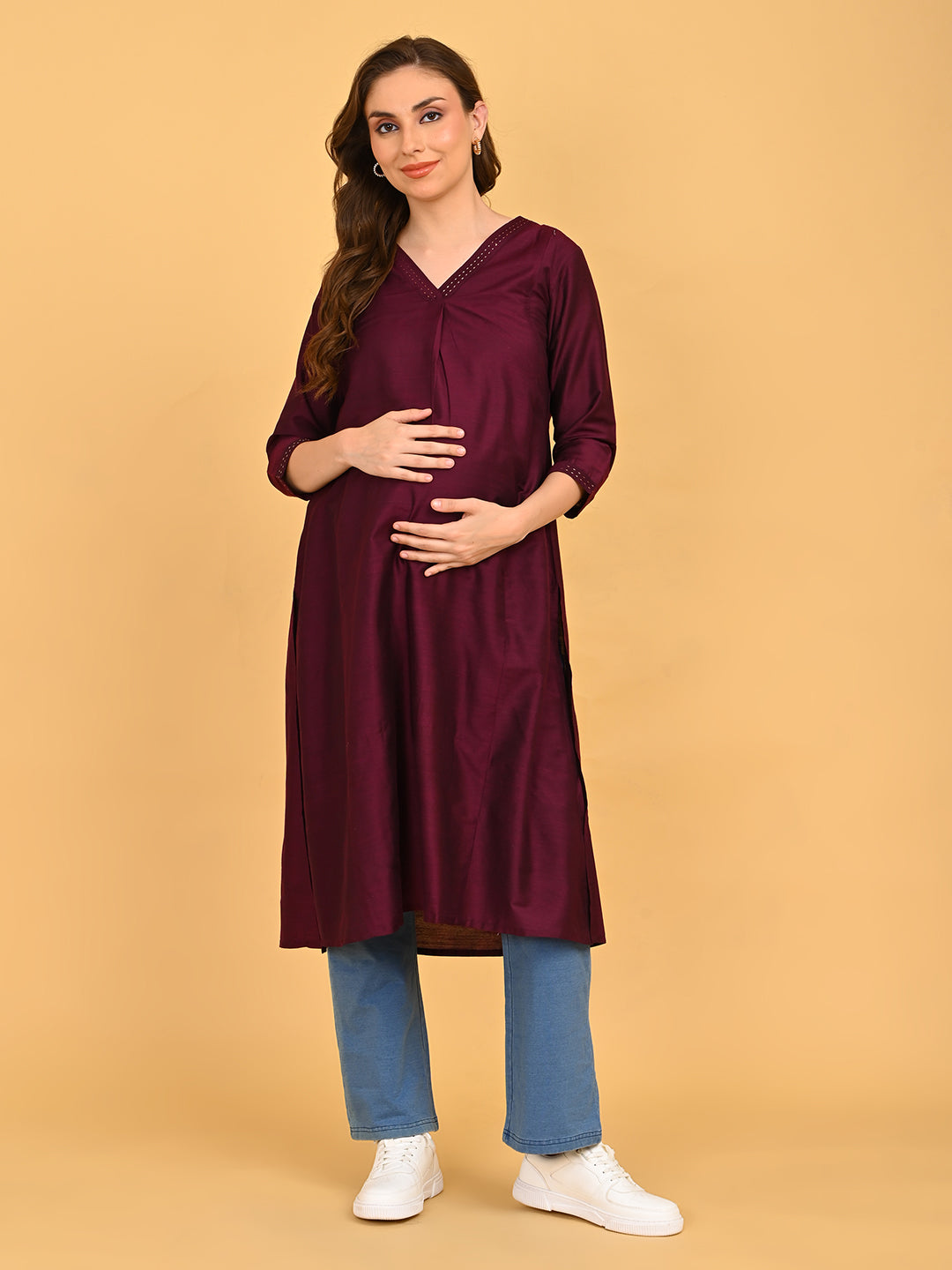 Wine Embroidered Maternity and Nursing Silk Kurta Wine