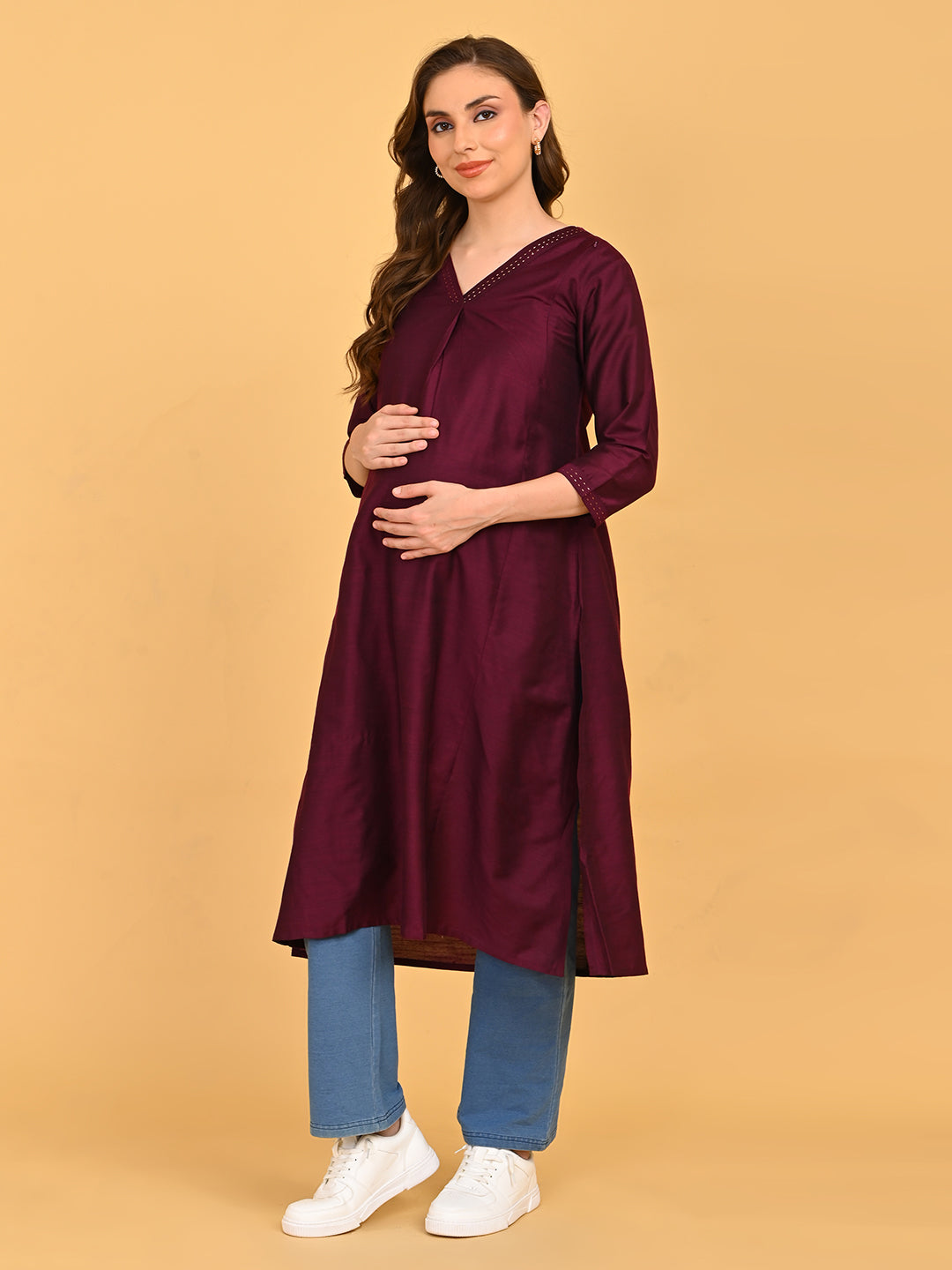 Wine Embroidered Maternity and Nursing Silk Kurta Wine