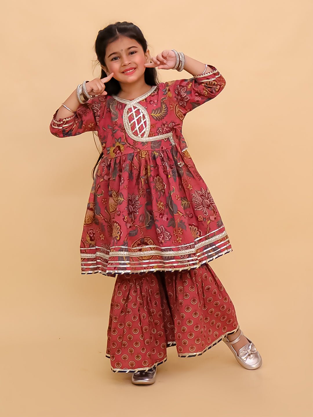 Aangan Aabha Block Print Girls Anarkali Sharara Set