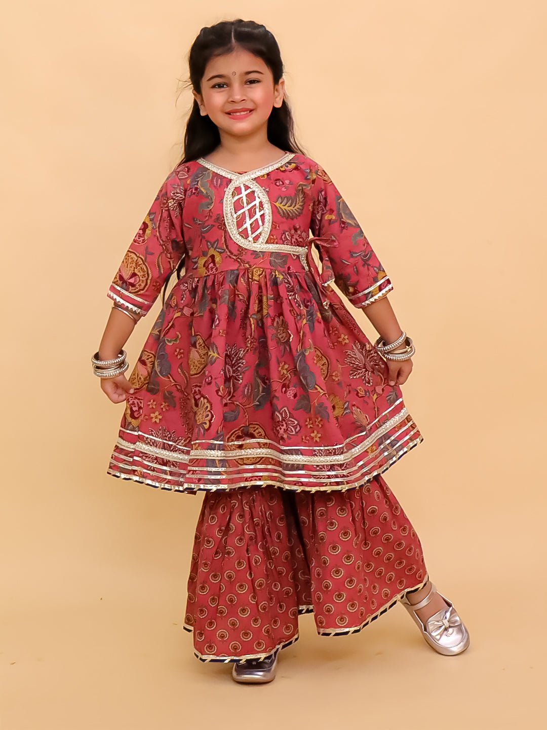 Aangan Aabha Block Print Girls Anarkali Sharara Set