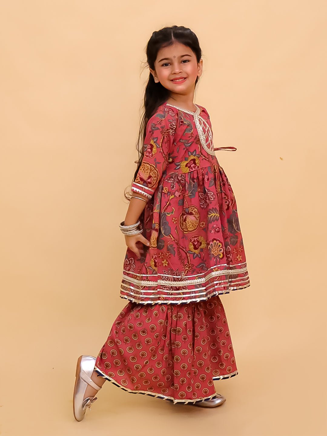 Aangan Aabha Block Print Girls Anarkali Sharara Set