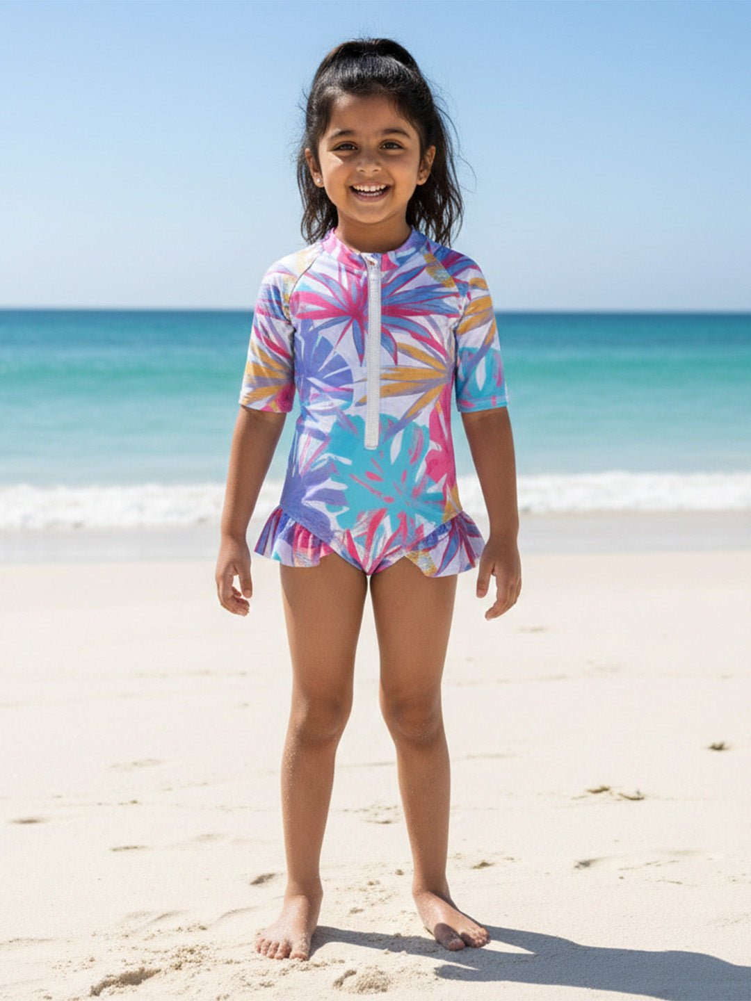 Aloha Wave Girls Short Sleeve All-Over Print Swimsuit