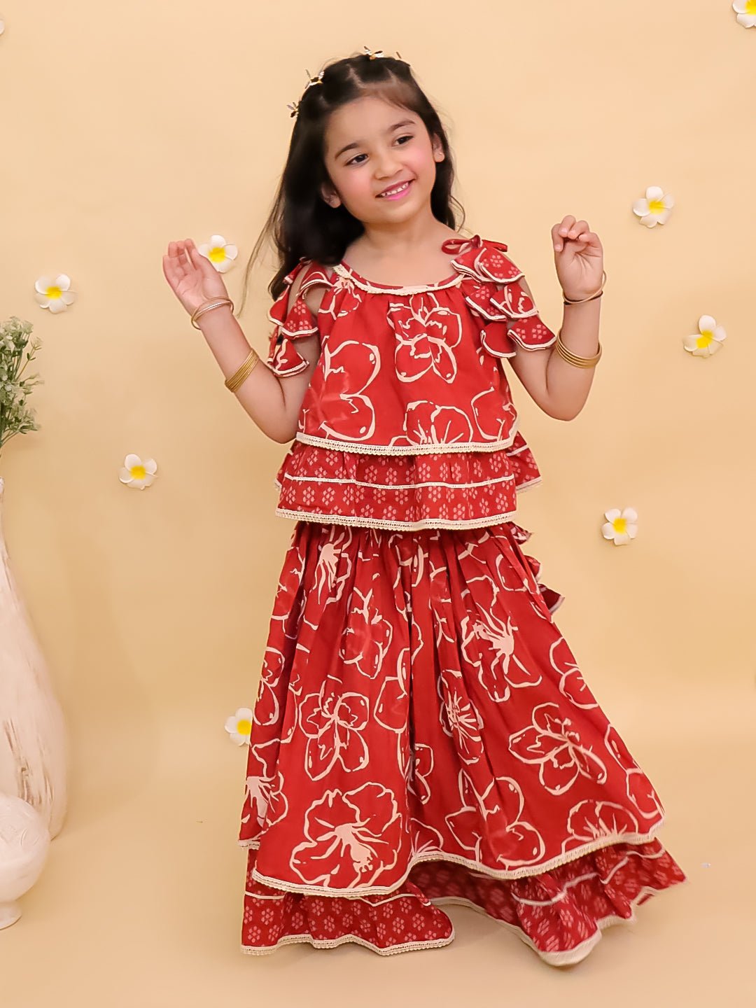 Amber Glow Girls Layered Lehenga Set For Kids