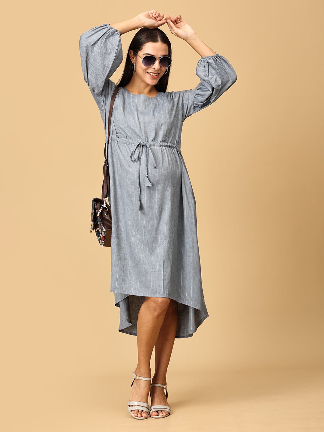 Arona Grey Shimmer Stripes Maternity and Nursing Dress Grey