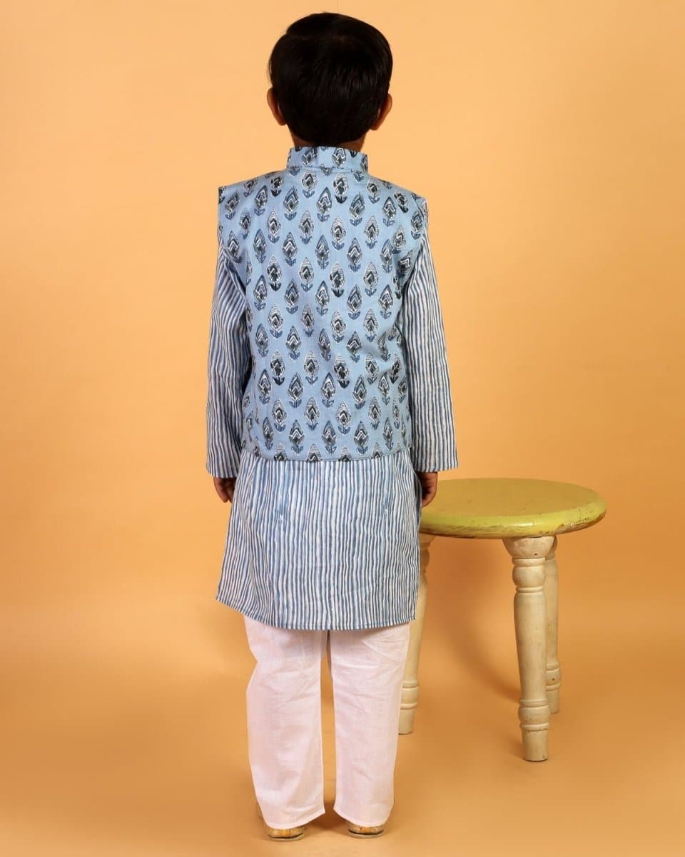 Aster Blue Block Print Boys Jacket and Kurta Pajama Set