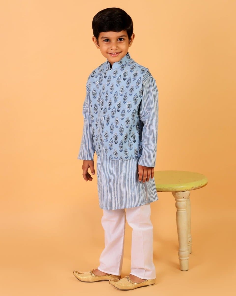 Aster Blue Block Print Boys Jacket and Kurta Pajama Set