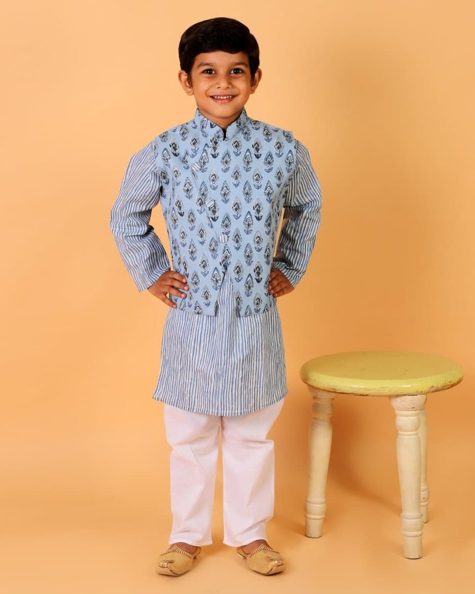 Aster Blue Block Print Boys Jacket and Kurta Pajama Set