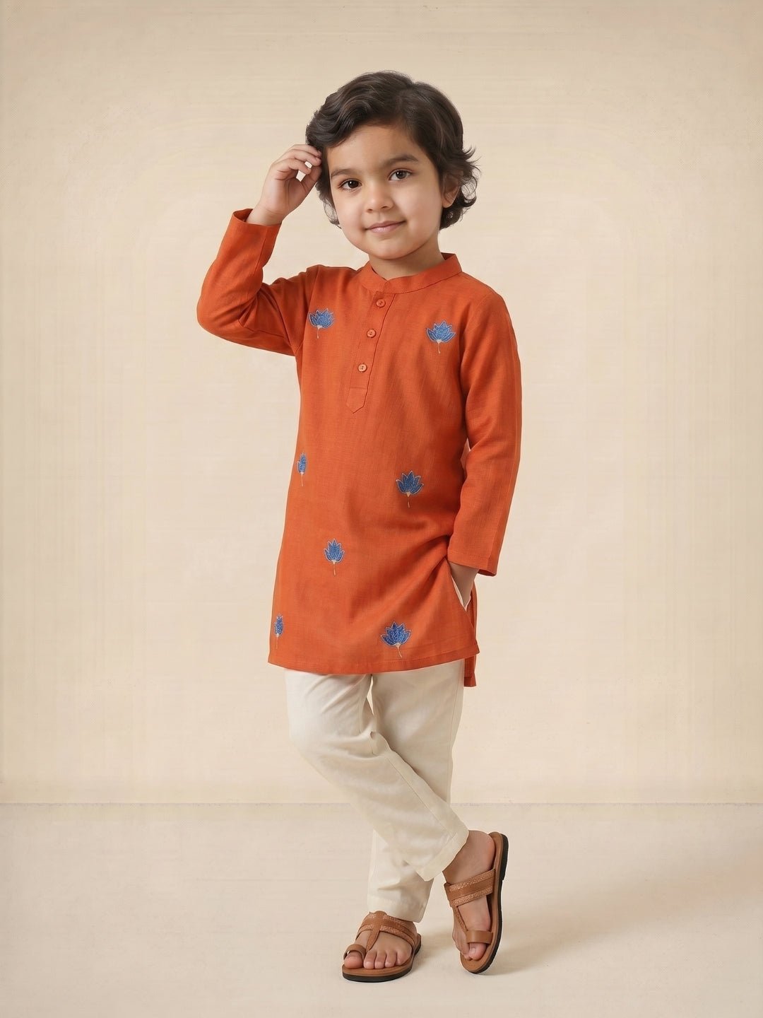 Avani Vatika Rust Embroidered Boys Kurta Pajama Set