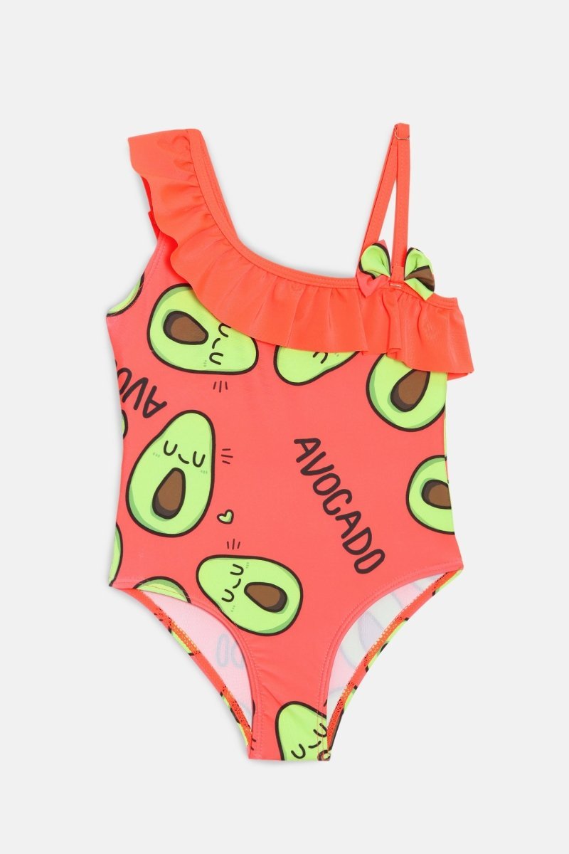 Avo Adventure Avocado Print Girls Ruffle One Shoulder Swimsuit