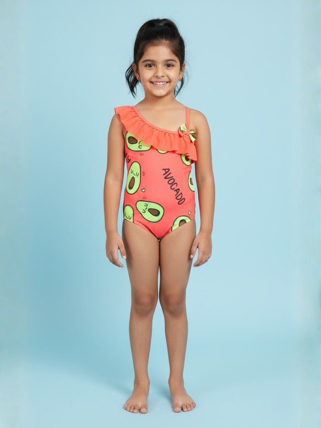 Avo Adventure Avocado Print Girls Ruffle One Shoulder Swimsuit