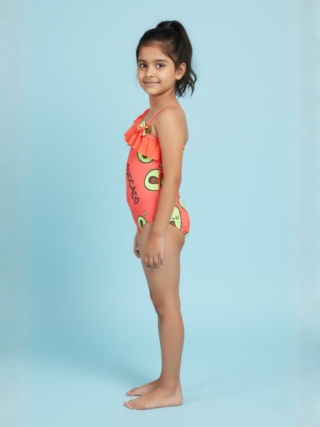 Avo Adventure Avocado Print Girls Ruffle One Shoulder Swimsuit