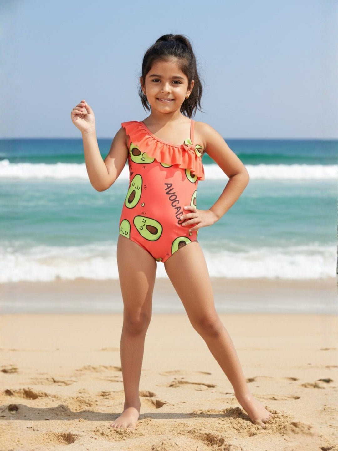 Avo Adventure Avocado Print Girls Ruffle One Shoulder Swimsuit