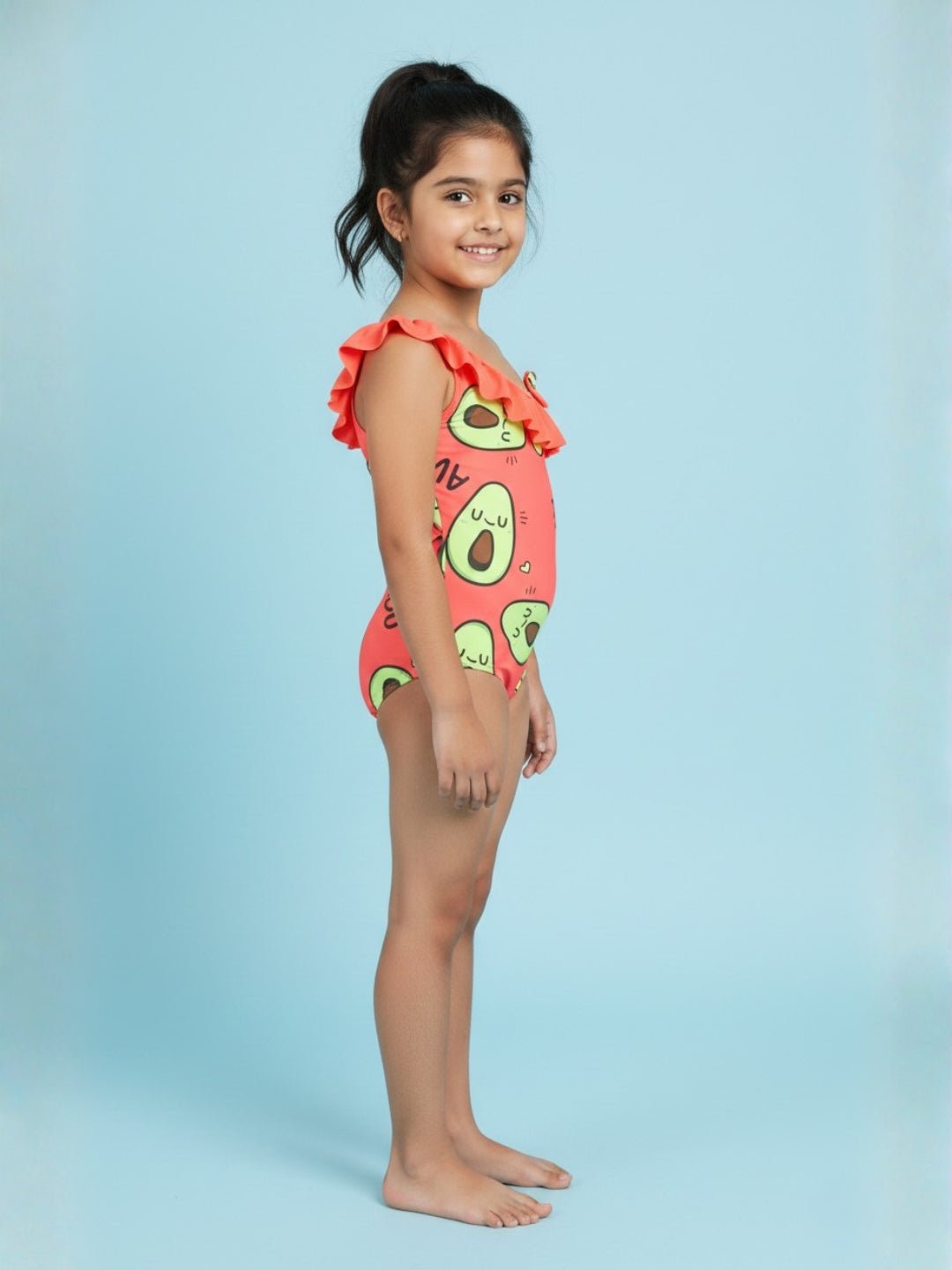 Avo Adventure Avocado Print Girls Ruffle One Shoulder Swimsuit