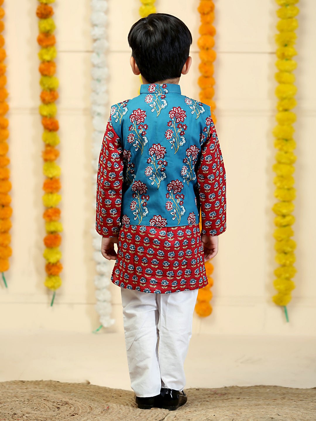 Azure Blue Floral Print Boys Jacket And Kurta Pajama Set