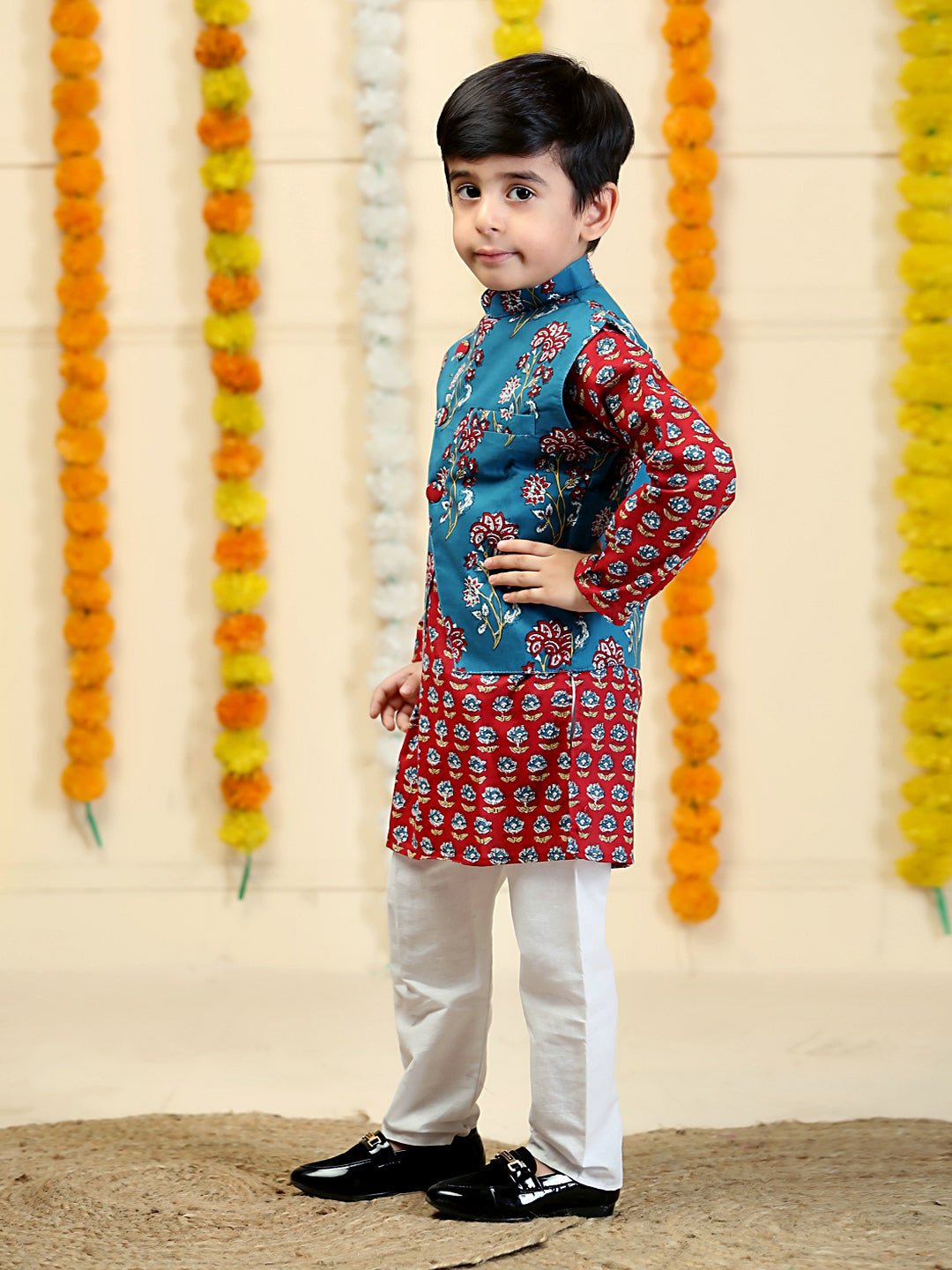 Azure Blue Floral Print Boys Jacket And Kurta Pajama Set
