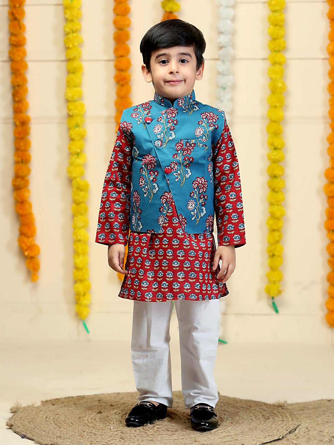 Azure Blue Floral Print Boys Jacket And Kurta Pajama Set