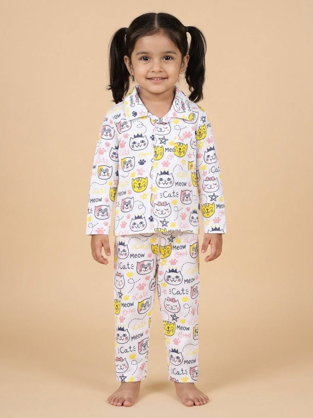 White Meow Printed Cotton Pajama Nightsuit Set For Kids