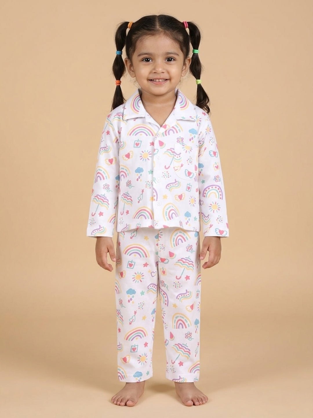 White Sunshine And Rainbows Pajama Nightsuit Set For Kids