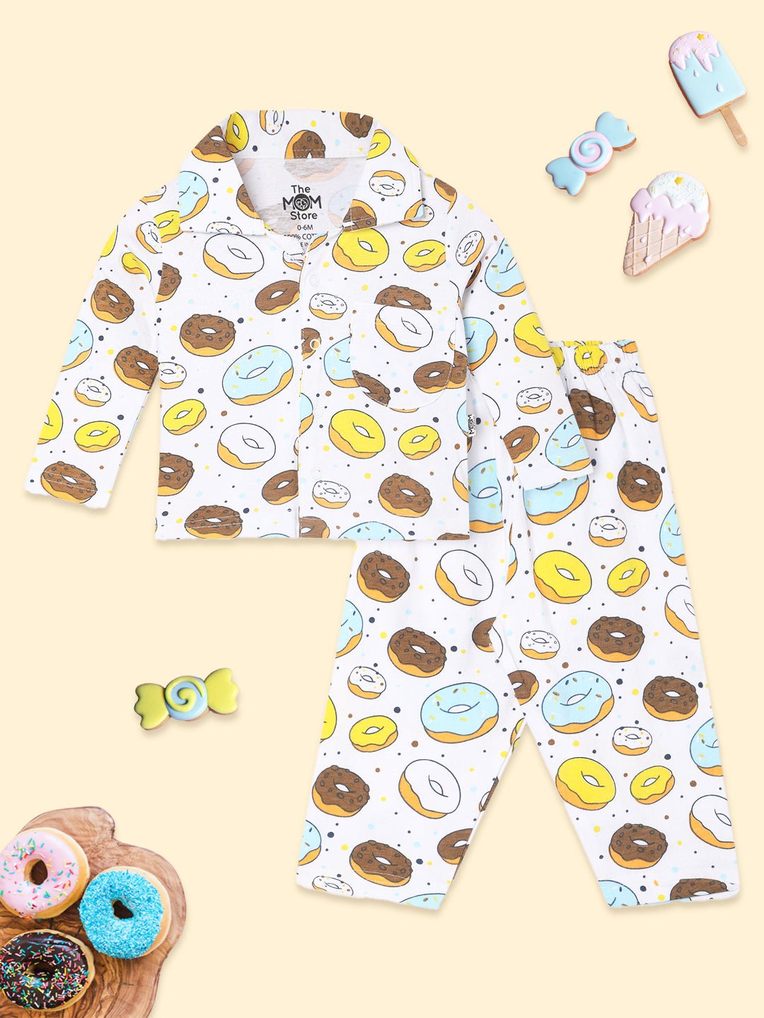 White Sweet Like A Doughnut Pajama Nightsuit Set For Kids