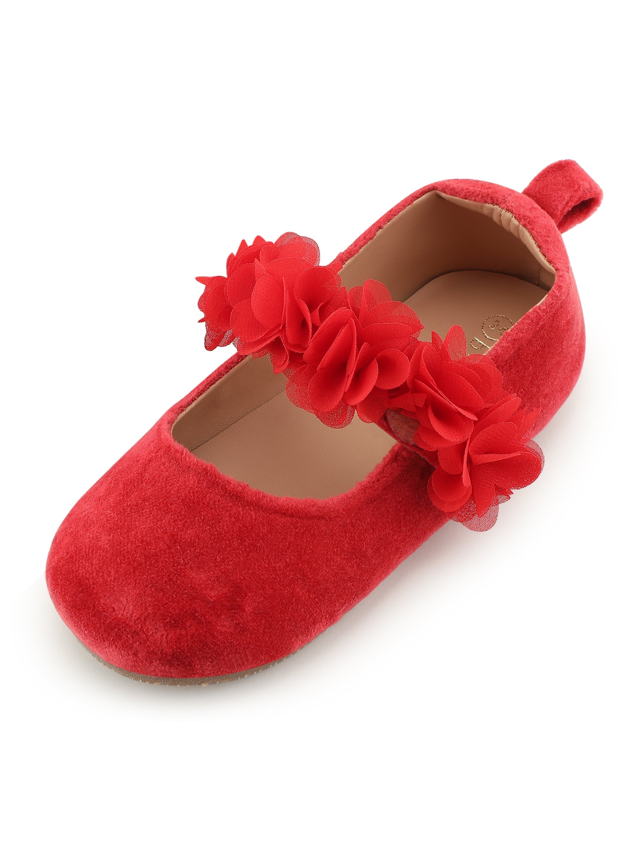 Baby Doe Red Blossom Velvet Ballerina Shoes For Girls