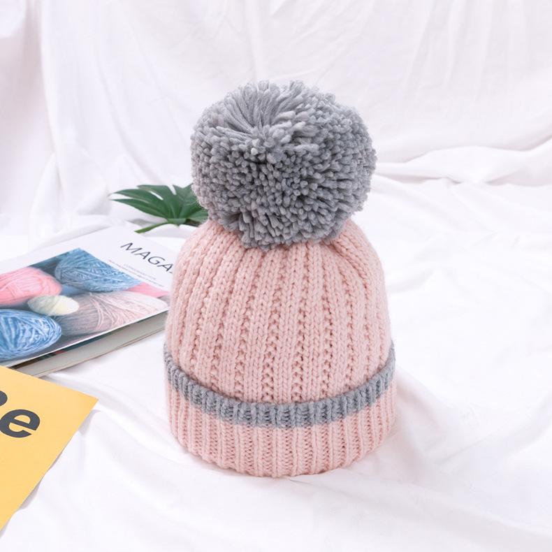 Pink Faux Fur Pom Pom Ear Flap Knitted Cap For Kids