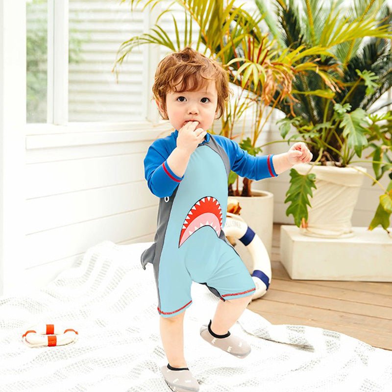 Baby Shark Blue Raglan Sleeve Boys Swimsuit Bodysuit