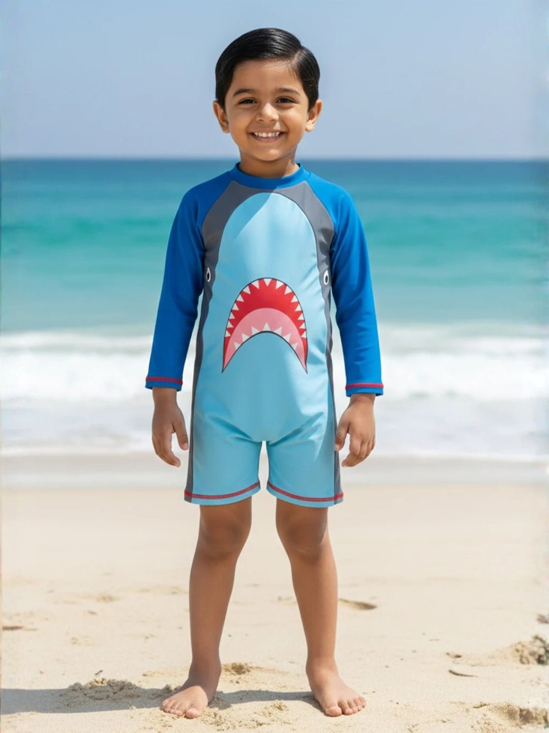 Baby Shark Blue Raglan Sleeve Boys Swimsuit Bodysuit