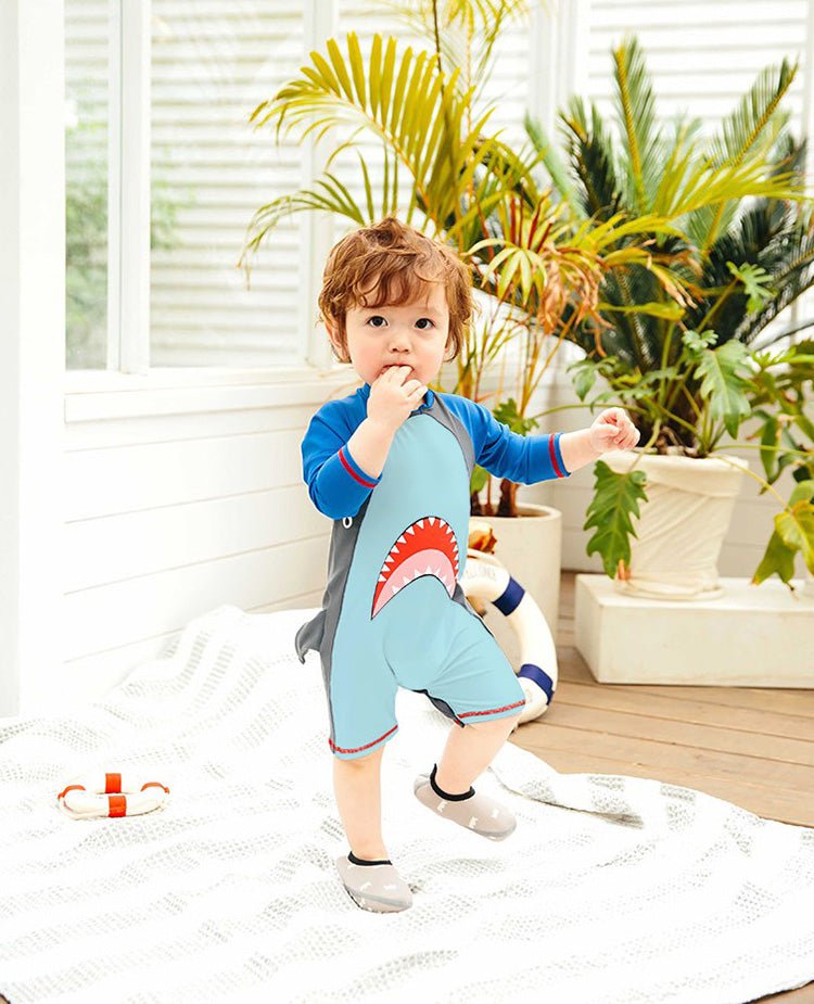Baby Shark Blue Raglan Sleeve Boys Swimsuit Bodysuit