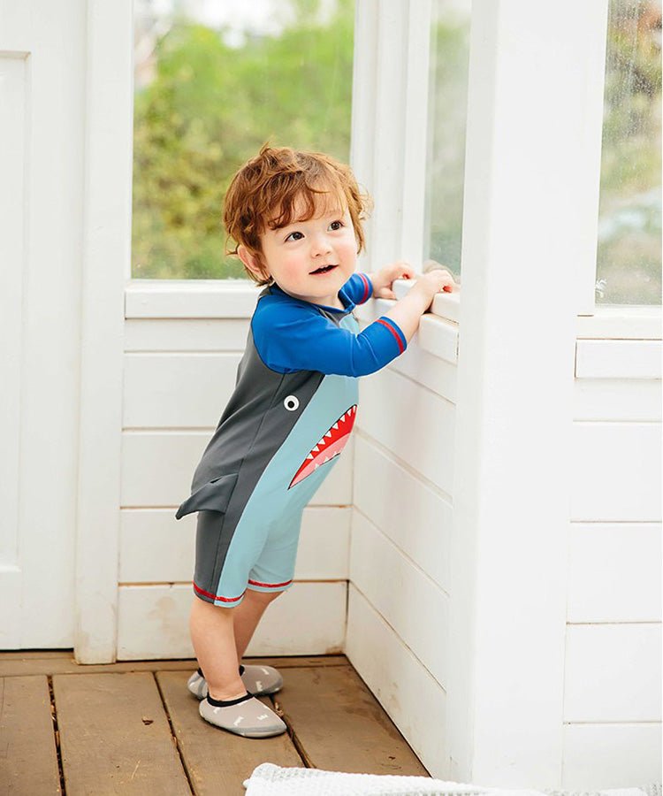 Baby Shark Blue Raglan Sleeve Boys Swimsuit Bodysuit