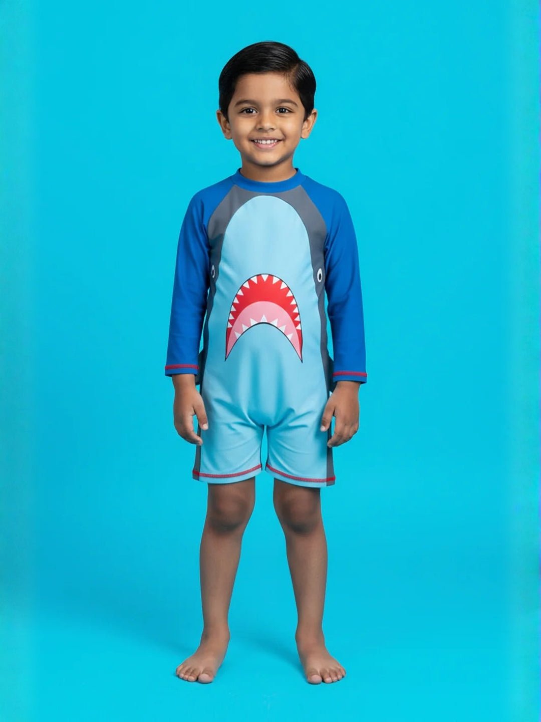 Baby Shark Blue Raglan Sleeve Boys Swimsuit Bodysuit