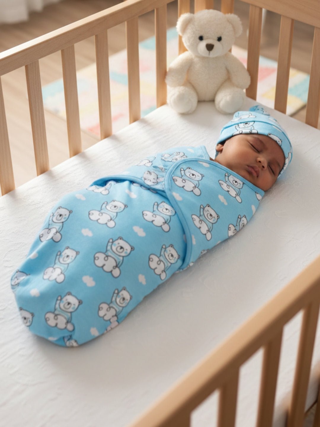 Hello Bear 2 PC Kids Cotton Swaddle Blanket and Cap Set