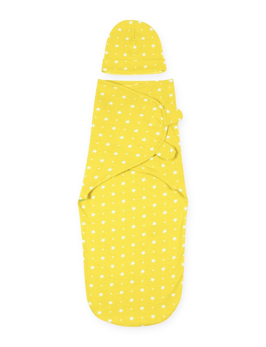 Yellow Star 2 PC Kids Cotton Baby Swaddle and Cap Set