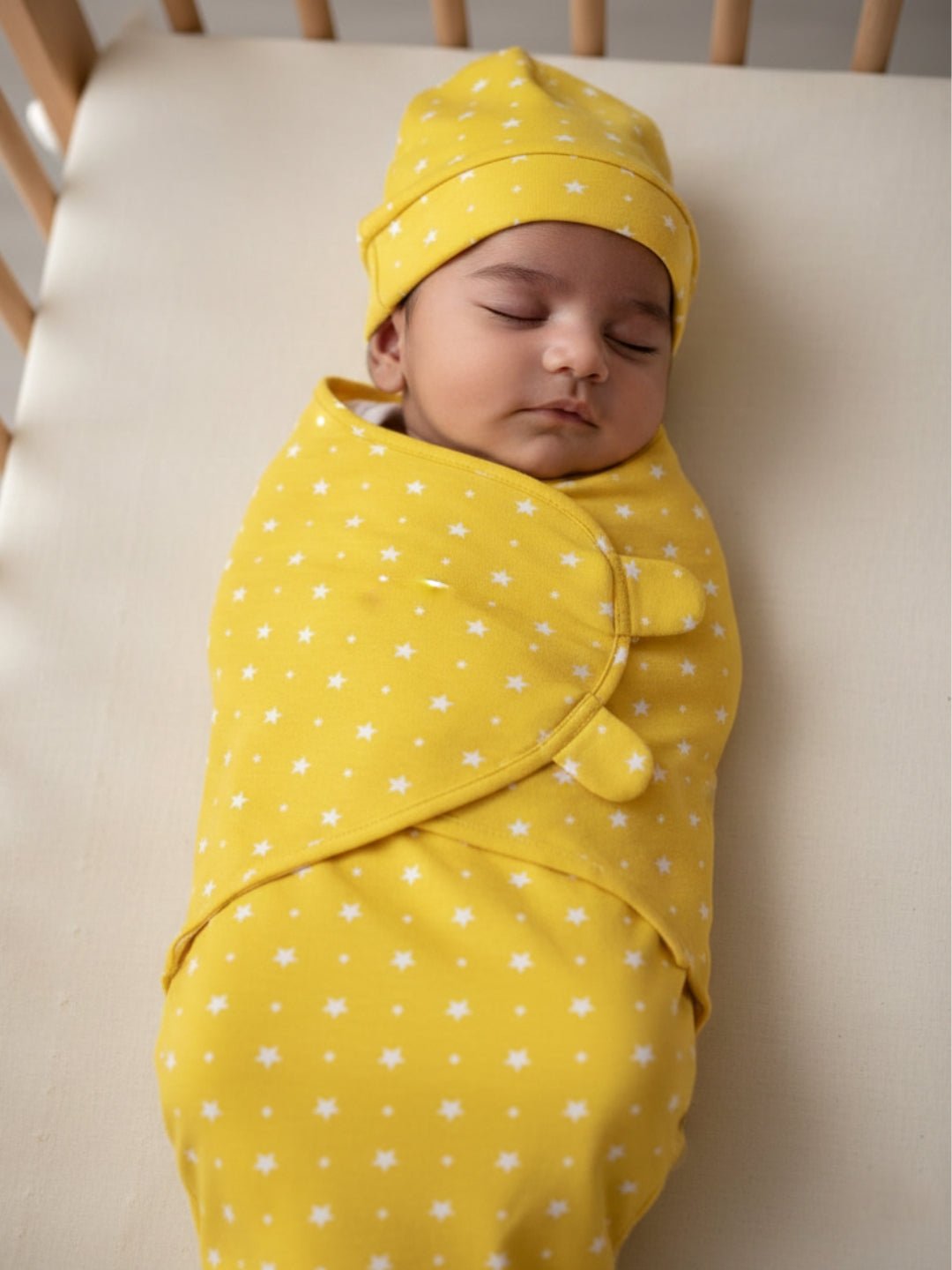 Yellow Star 2 PC Kids Cotton Baby Swaddle and Cap Set